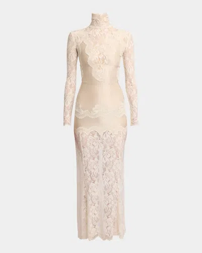 Rabanne Lace Turtleneck Long-sleeve Illusion Maxi Dress In Ivory