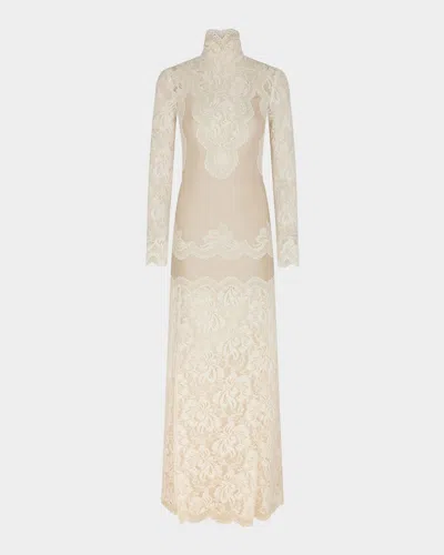 Rabanne Lace Turtleneck Long-sleeve Illusion Maxi Dress In Neutral
