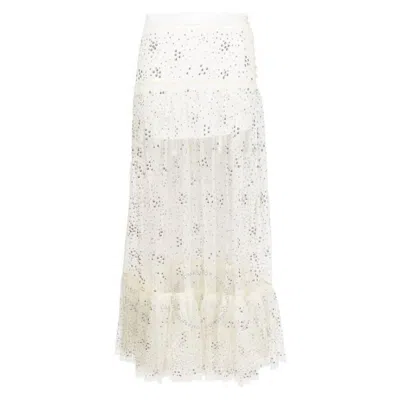Rabanne Ladies Ecru  Stud Embellished Ruffled Hem Lace Skirt In White
