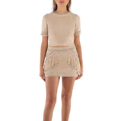 Pre-owned Rabanne Ladies Shiny Beige Stud-detailed Knitted Top