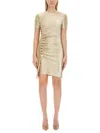 Rabanne Asymmetric Ruched Metallic Crepe Mini Dress In Gold