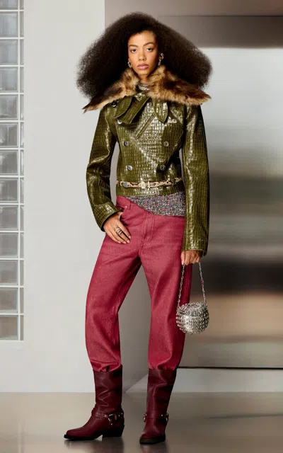 Rabanne Leather Cropped Jacket In Green