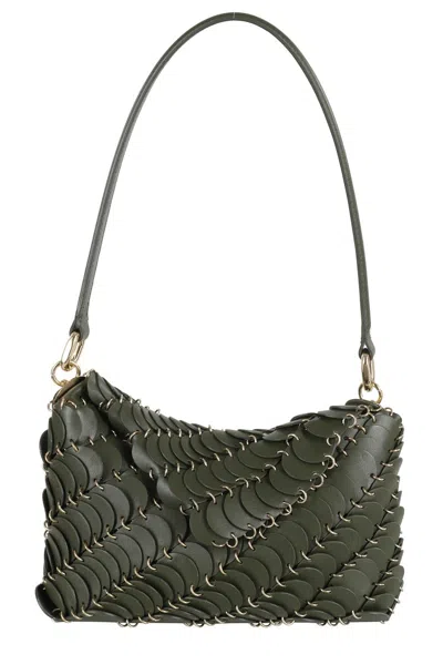RABANNE LEATHER DISC HANDBAG WITH MAGNETIC FLAP CLOSURE