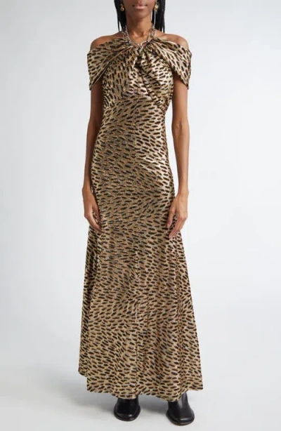 Rabanne Leopard Print Chain Halter Neck Gown