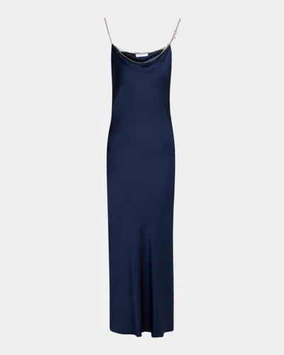 Rabanne Long Cowl Neck Dress With Chain Detail In Deep Navy
