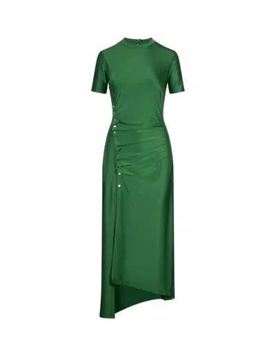 Rabanne Long Draped Dress In Green Stretch Satin