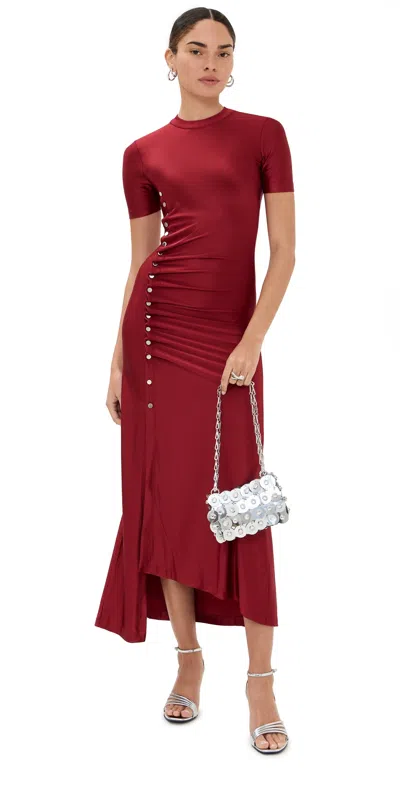 Rabanne Womens Scarlet Red Draped Studded Short-sleeve Satin Maxi Dress