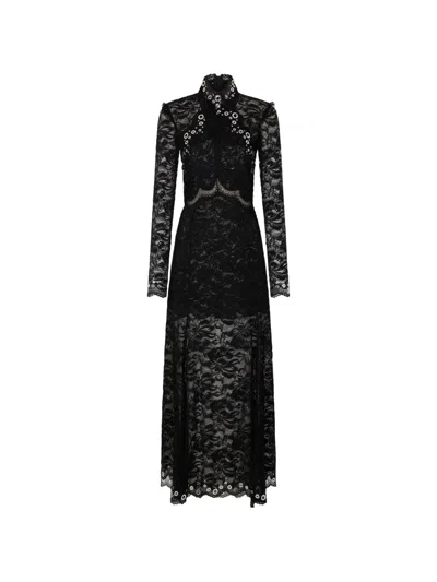 Rabanne Long Dress In Black Layered Lace With Silver Eyelets Details