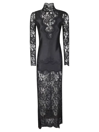 Rabanne Long Dress With Lace Sleeves And Jersey Fabric In Gold