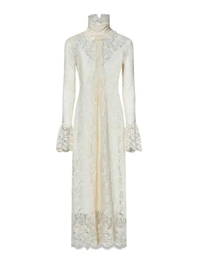 RABANNE LONG IVORY STRETCH FLORAL LACE ASYMMETRIC DRE