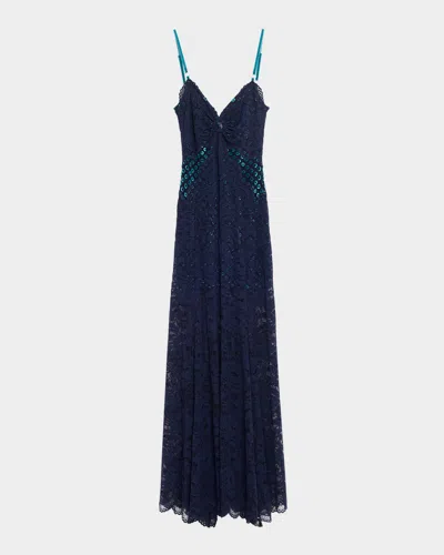 Rabanne Long Lace V-neck Sleeveless Dress In Blue