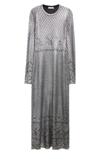 Rabanne Long Sleeve Metallic Lace Maxi Dress In Silver