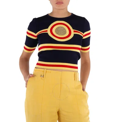 Rabanne Long Sleeve Striped Pullover Crop Top In Blue/gold Tone