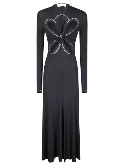 RABANNE LONG-SLEEVED BLACK MAXI DRESS WITH EYELET DETAILING