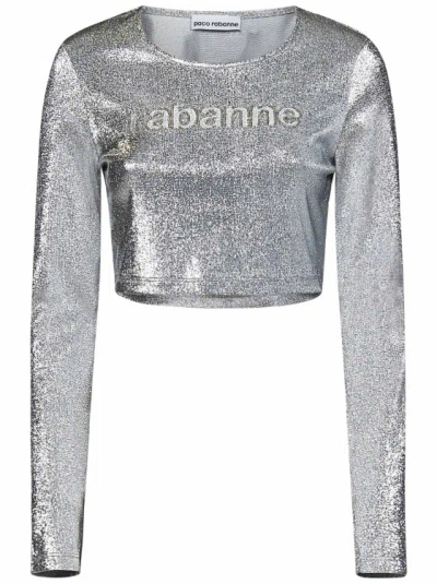 Rabanne Long-sleeved Silver Lamé Jersey Cropped Top