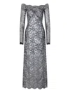 Rabanne Floral Lace Off-the-shoulder Long-sleeve Midi Dress In Silver