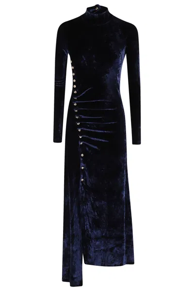 Rabanne Asymmetric Ruched Embellished Velvet Turtleneck Dress In Blue