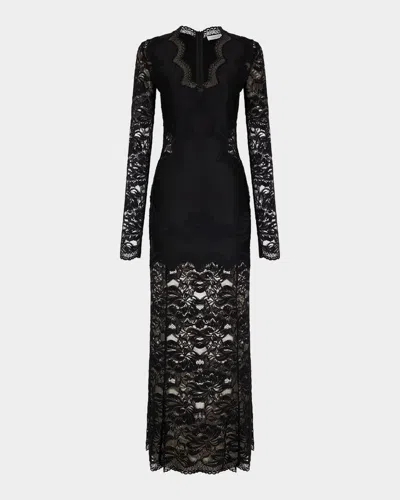 Rabanne Long-sleeve Stretch Lace Jersey Maxi Dress In Black