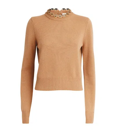 Rabanne Merino Wool-cashmere Chain-detail Sweater In Camel
