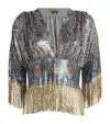 Rabanne Fringed Printed Chainmail Blouse In Gray