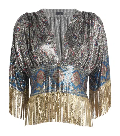 Rabanne Fringed Printed Chainmail Blouse In Gray