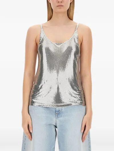 Rabanne Mesh Top With Metallic Sequin Embellishment In Silver