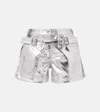 Rabanne Double-buckle Metallic Foiled Denim Shorts In Metallic
