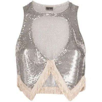 Rabanne Metallic Fringed Cut Out Top In Gray