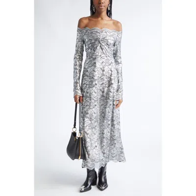 Rabanne Metallic Long Sleeve Stretch Lace Dress In Silver