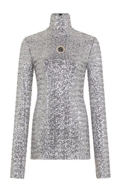 Rabanne Metallic Mockneck Top In Silver