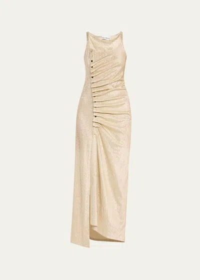 RABANNE METALLIC RUCHED SNAP MAXI DRESS