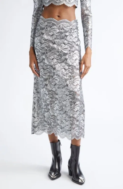 Rabanne Scalloped Metallic Stretch-lace Midi Skirt In Black