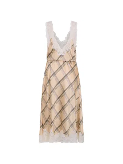 Rabanne Midi Dress In Beige Tartan Print Silk Satin With Lace Detailing In Neutral