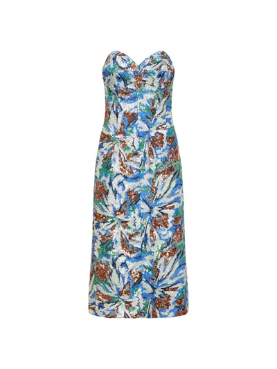 Rabanne Midi Dress With Multicolor Floral Sequin Embroidery In Blue