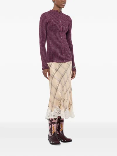 Rabanne Midi Skirt In Beige Tartan-print Silk Satin With Lace Trim In Multi