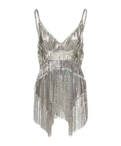 Rabanne Mini Mesh Fringed Long Top In Gray