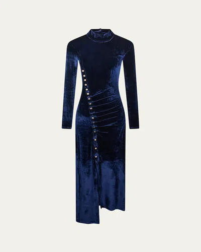 Rabanne Mock-neck Asymmetric Ruched Velvet Midi Dress In Blue