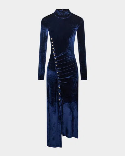 Rabanne Asymmetric Ruched Embellished Velvet Turtleneck Dress In Blue