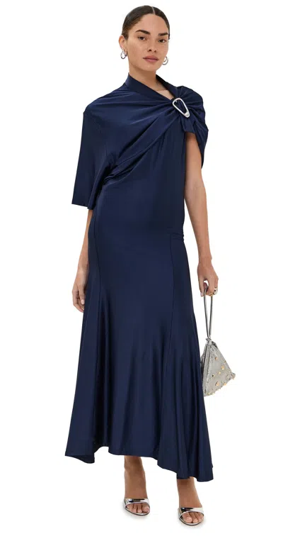 RABANNE NAVY ASYMMETRICAL LONG DRESS IN JERSEY DEEP NAVY