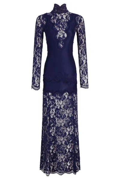 Rabanne Navy Blue High Neck Lace Scalloped Hem Polyamide Long Evening Dress