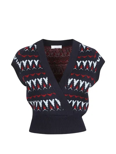 Rabanne Navy Vintage Jacquard Wool Wrap Knit Top In Blue