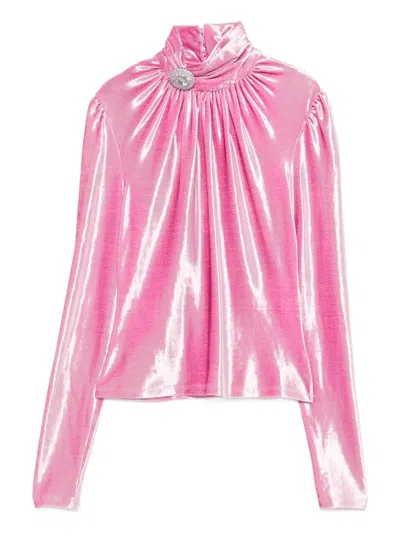 Rabanne Crystal-embellished Gathered Velvet Turtleneck Blouse In Pink