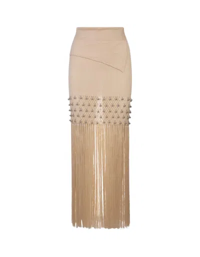 Rabanne Nude Long Skirt With Fringes And Pearls