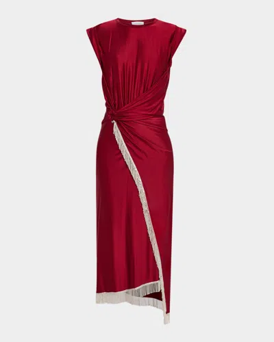 Rabanne O-ring Wrap Fringed Midi Dress In Burgundy