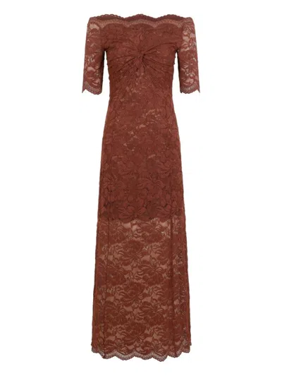 RABANNE OFF-THE-SHOULDER BROWN MIDI DRESS WITH TWISTED KNOT DETAIL