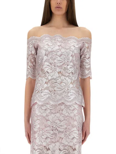 Rabanne Off-the-shoulder Lace Top With Floral Patterns In Pink