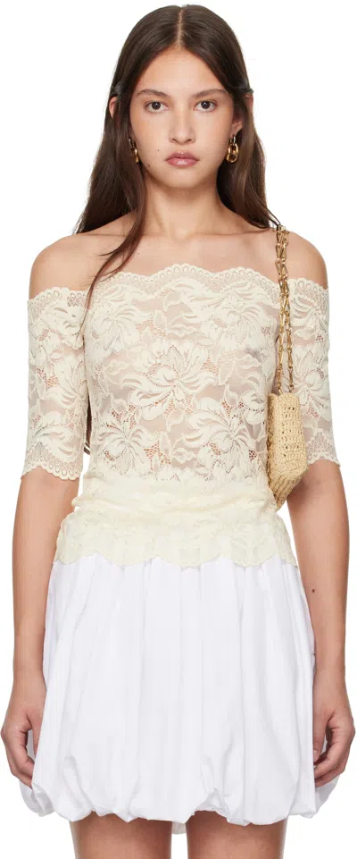 Rabanne Off-white Stretch Lace Short Sleeve Top In Ivory