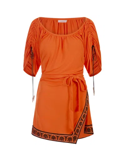 Rabanne Orange Short Dress With Bare Shoulders And Printed Hemline