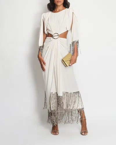 Rabanne Paco  Blush Rushed Cut-out Dress With Champagne Gold Buckle And Chain Tassel Detail In Pink