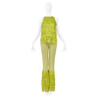 Pre-owned Rabanne Paco  Chartreuse Green Textured Top & Bell Bottom Pants 2001